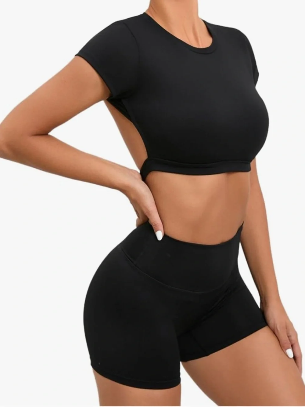 Black Open-Back Crop Top and High-Waist Shorts Set - Picture 4 of 4